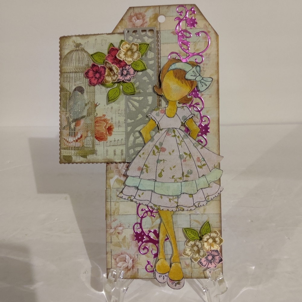 Handcrafted Mixed Media Tag. Little Girl With Bird. 8x4